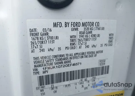 2016 Ford Expedition El Xl z USA, uszkodzony, nr VIN 1FMJK1GT2GEF46571